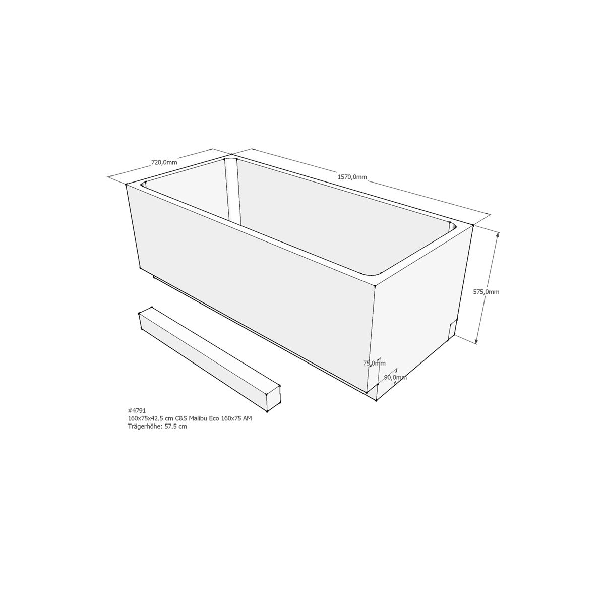 Badewannenträger für Malibu Eco, 160 x 75 x 57,5 c