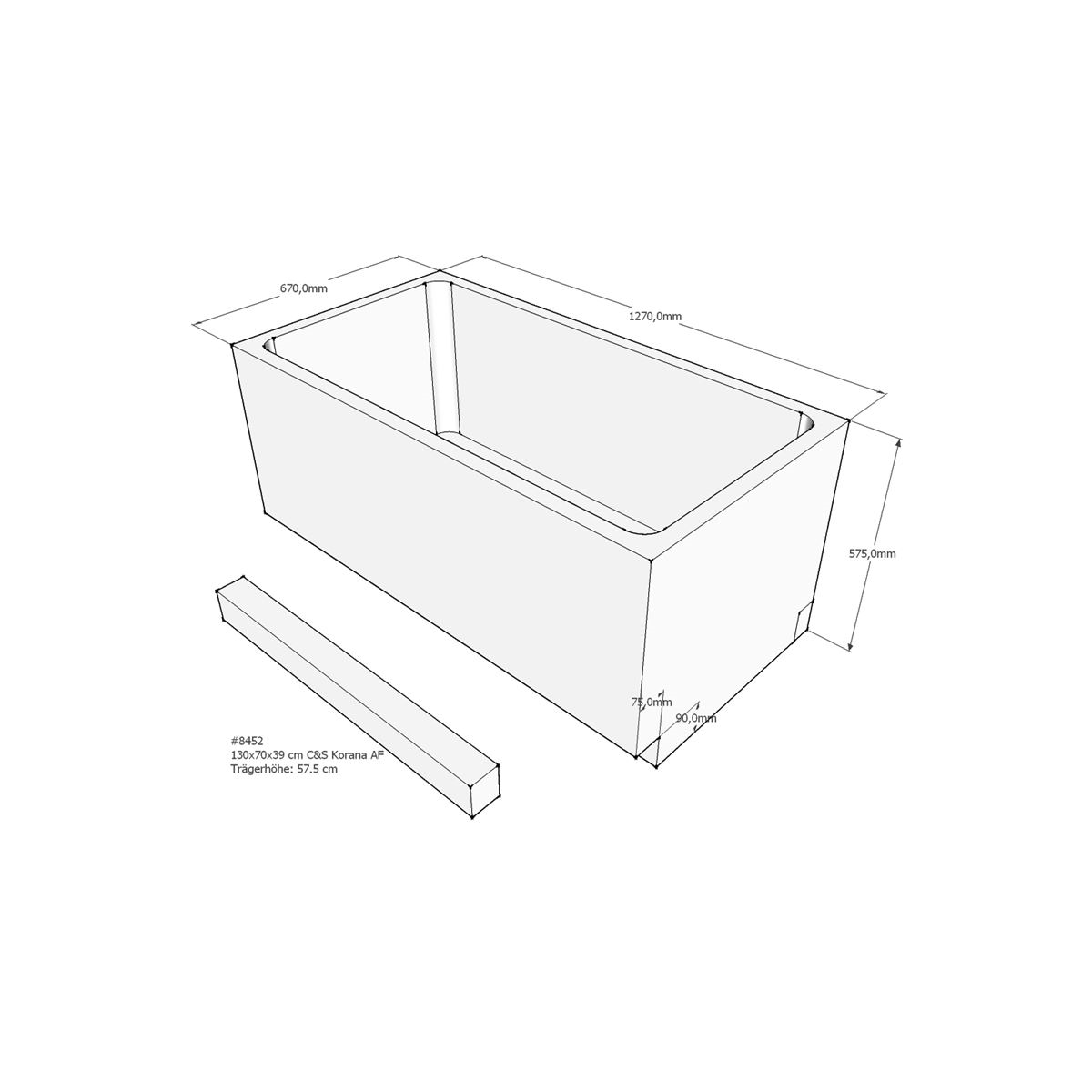 Badewannenträger für Korana, 130 x 70 x 57,5 cm