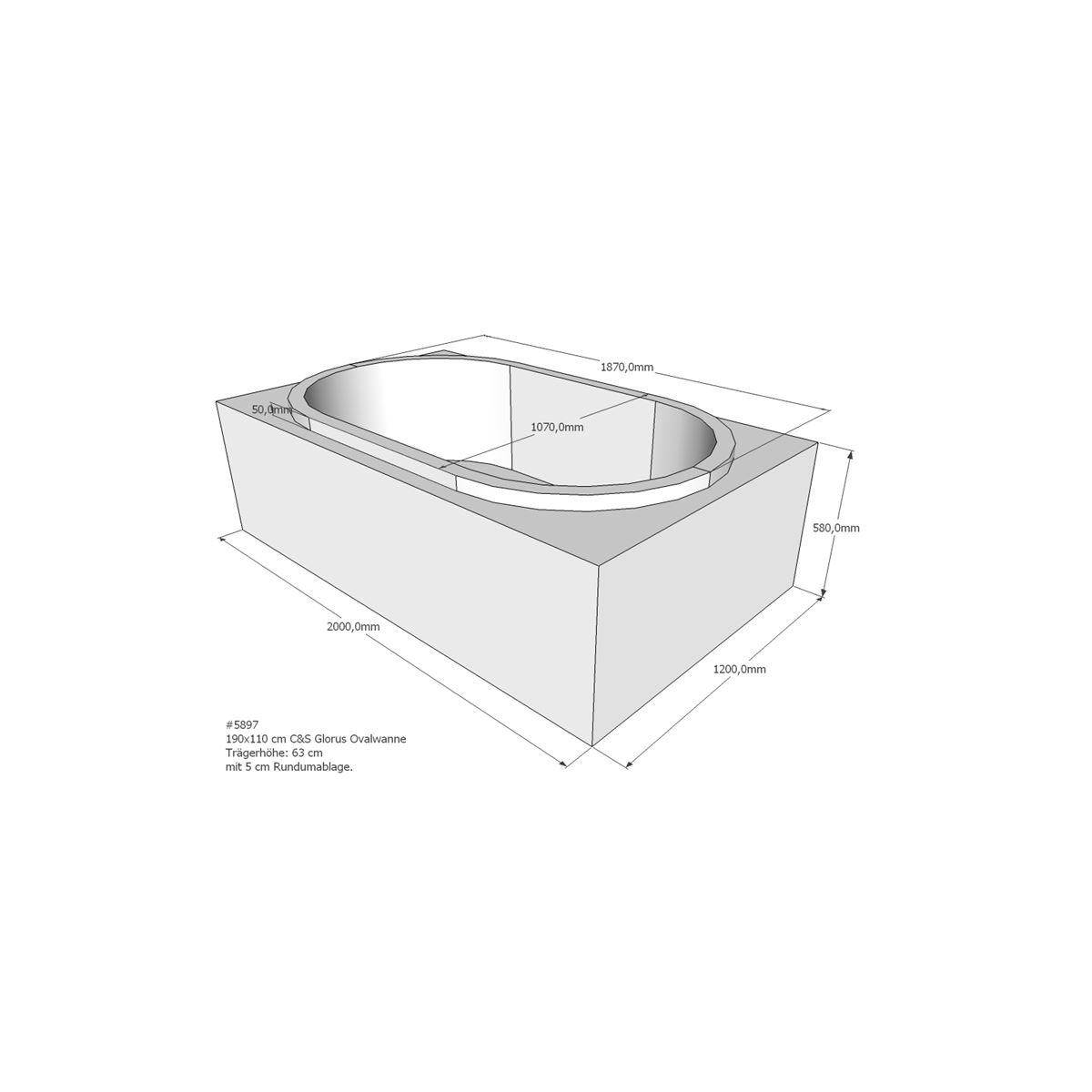 Badewannenträger für Glorus, 200 x 120 x 63 cm