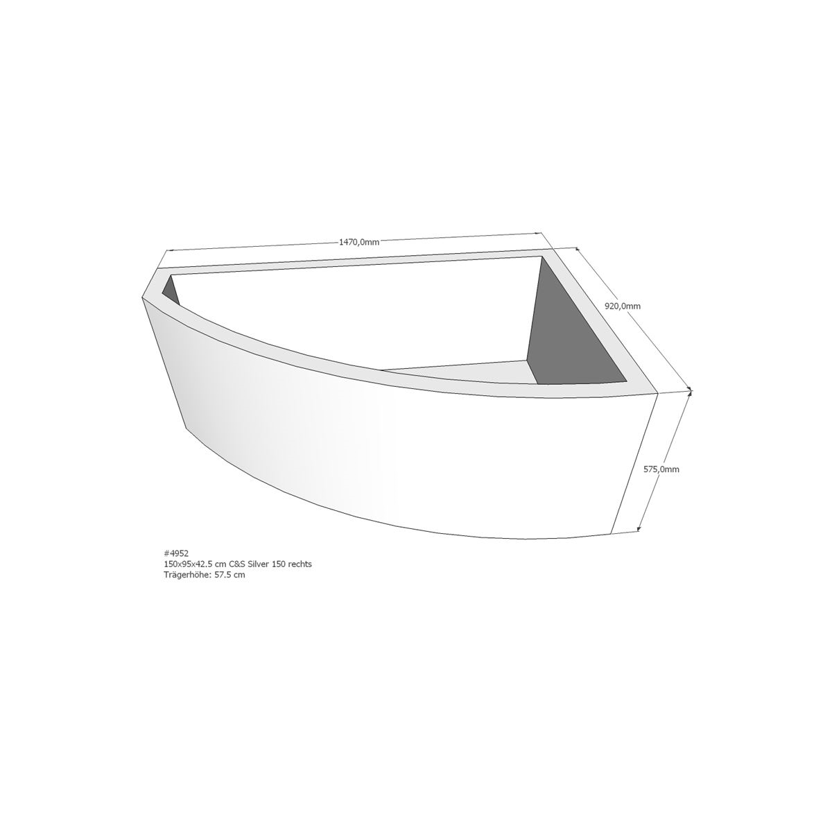 Badewannenträger für Sliver, 150 x 95 x 57,5 cm re