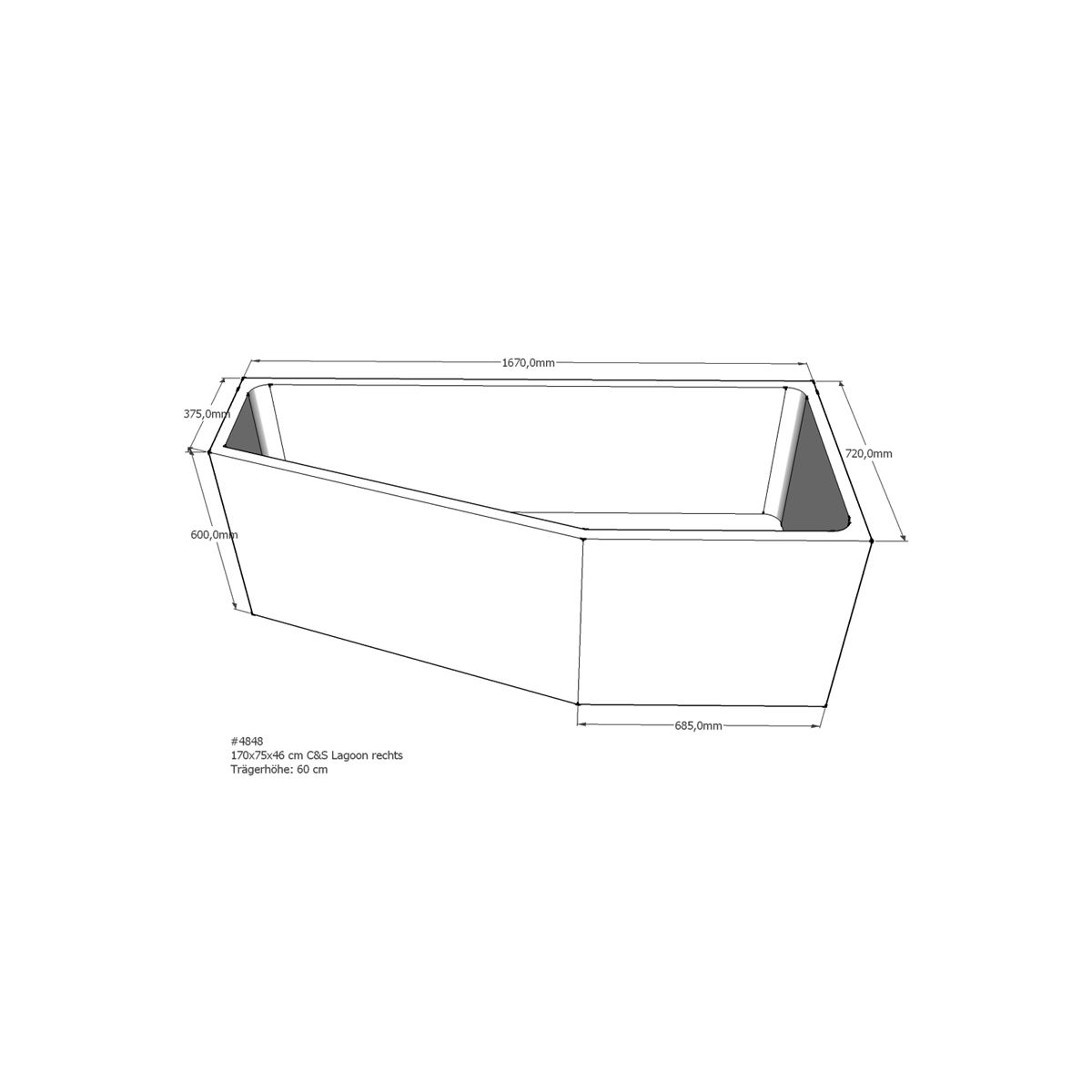 Badewannenträger für Lagoon, 170 x 75 x 60 cm rech