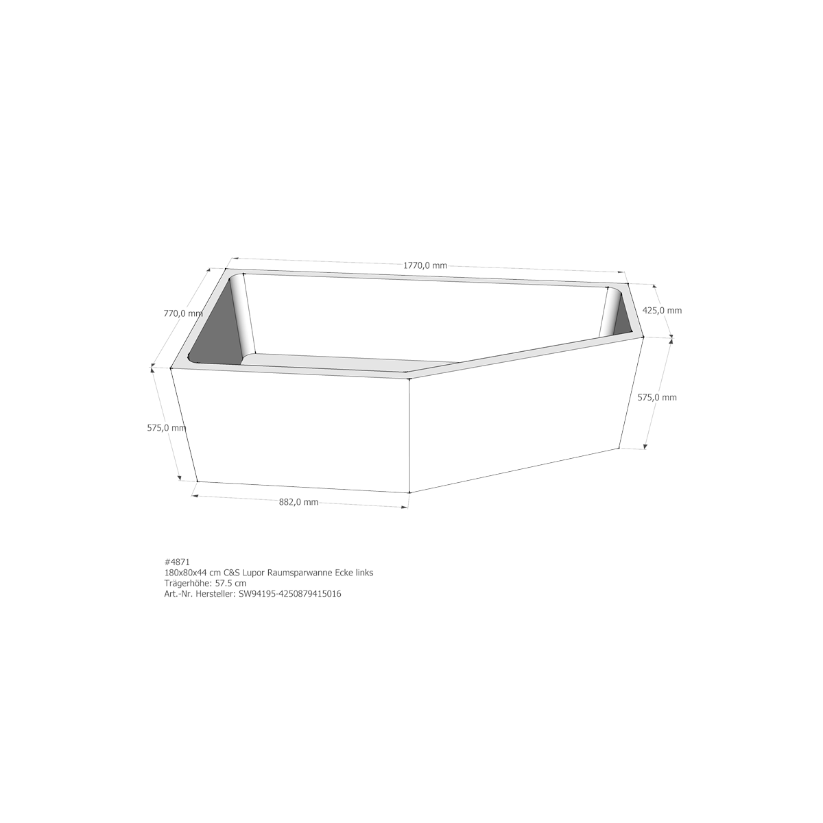 Badewannenträger für Lupor, 180 x 80 x 57,5 cm lin