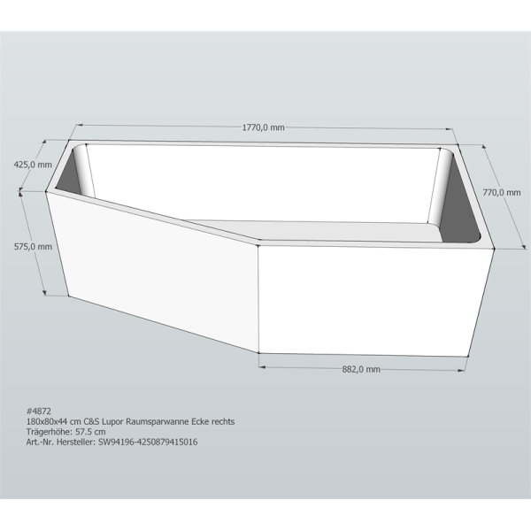 Badewannenträger für Lupor, 180 x 80 x 57,5 cm rechts
