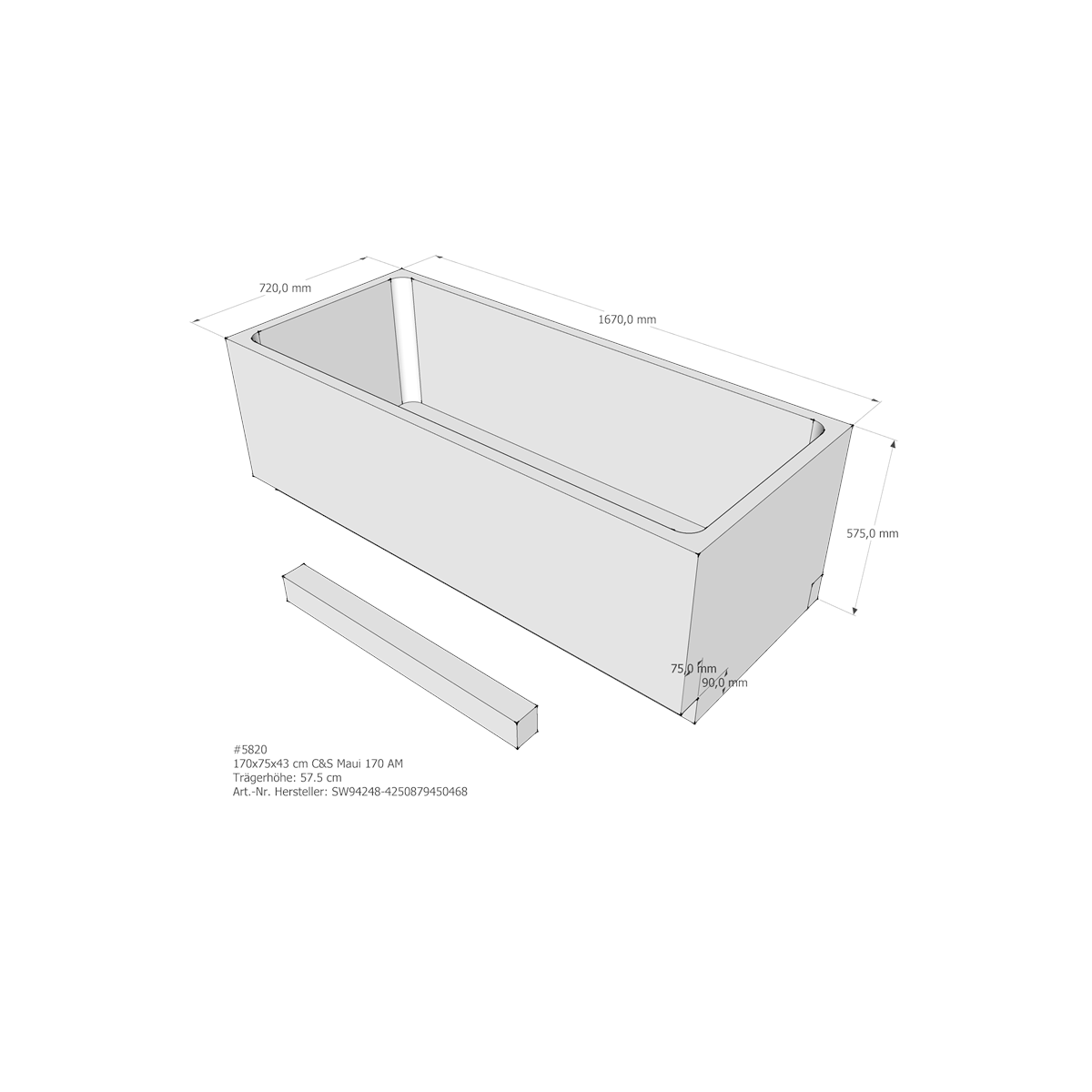 Badewannenträger für Maui, 170 x 75 x 57,5 cm