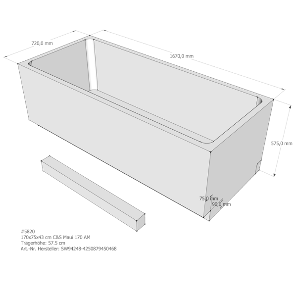 Badewannenträger für Maui, 170 x 75 x 57,5 cm