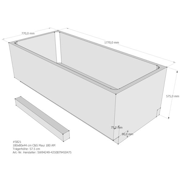 Badewannenträger für Maui, 180 x 80 x 57,5 cm