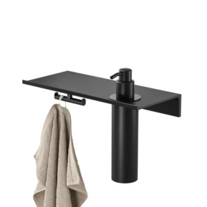 Badezimmerablage 28 cm mit Handtuchhaken und Seifenspender 200 ml Leev, Schwarz