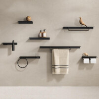 Badezimmerablage 28 cm mit Handtuchhaken und Seifenspender 200 ml Leev, Schwarz