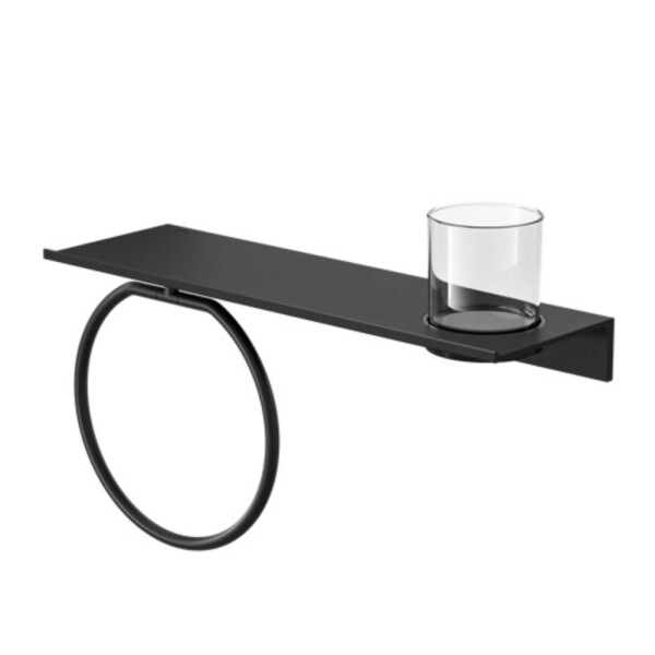 Badezimmerablage 40 cm mit Handtuchring mit Glas Leev, Schwarz