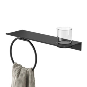 Badezimmerablage 40 cm mit Handtuchring mit Glas Leev, Schwarz