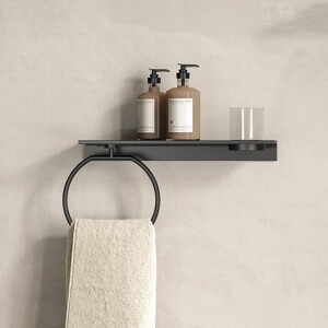 Badezimmerablage 40 cm mit Handtuchring mit Glas Leev, Schwarz