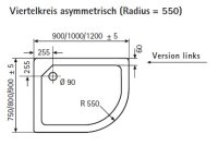 Viertelkreis Duschwanne asymetrisch links, 75 x 90 cm