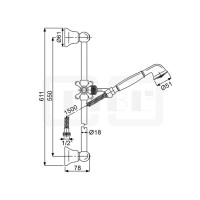 DIBLfit Messing-Brausegarnitur mit rundem Brauserohr Ø 18 mm x 605 mm, mit Nostalgie-Messing-Handbrause und Metallbrauseschlauch 1500 mm