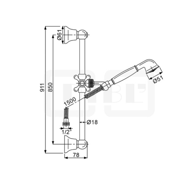 DIBLfit Messing-Brausegarnitur mit rundem Brauserohr Ø 18 mm x 905 mm, mit Nostalgie-Messing-Handbrause und Metallbrauseschlauch 1500 mm