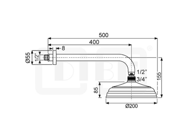 DIBLfit Runde Nostalgie-Messing-Regenkopfbrause Ø 220 mm x 85 mm, mit massivem 90°-Messing-Wandanschlussarm