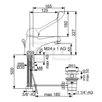 DIBLmed Einhebel-Waschtischbatterie, mit Spezial-Griffhebel, mit Zugstangenbohrung und Ablaufgarnitur 1¼", Niederdruckausführung für drucklose Elektro-Untertischspeicher
