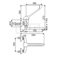 DIBLmed Einhebel-Waschtisch-Wandbatterie, mit Spezial-Griffhebel, schwenkbarem Profilauslauf - Ausladung 150 mm