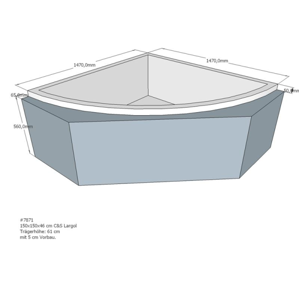 Badewannenträger für Largo, 150 x 150 x 61 cm mit 5 cm Vorbau eckig 3-seitig