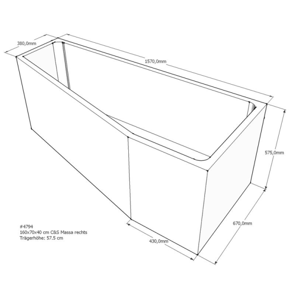 Badewannenträger für Massa, 160 x 70 x 57,5 cm rechts