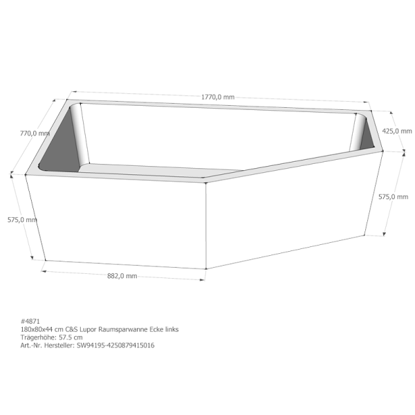 Badewannenträger für Lupor, 180 x 80 x 57,5 cm links