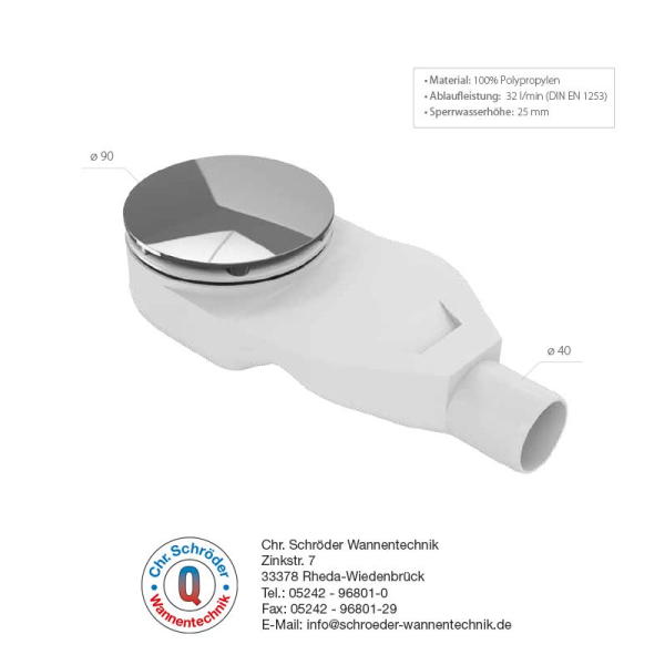 Duschwannenablauf Geostone Spezial waagerecht, Aufbauhöhe 45 mm